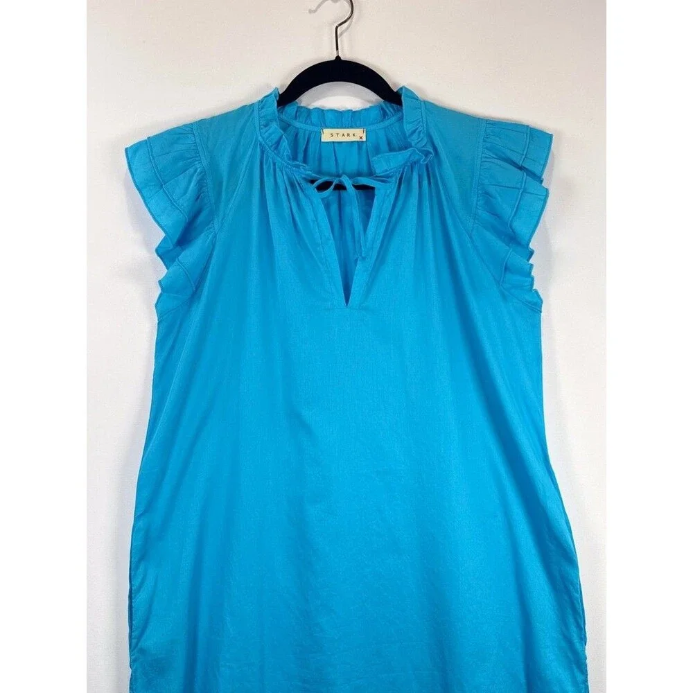 Stark X Mini Dress Blue Dreamy Tunic Flutter Sleeve Shift Split Neck Relaxed XS
